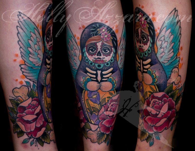 Illustrative style colored leg tattoo of Matryoshka with flowers