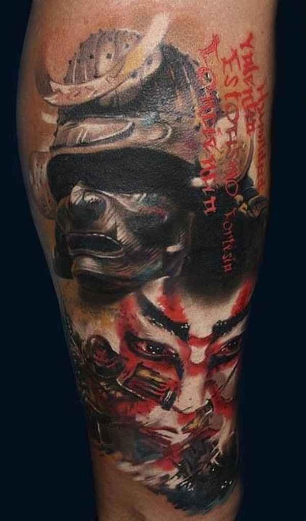 Illustrative style colored leg tattoo of evil samurai with helmet