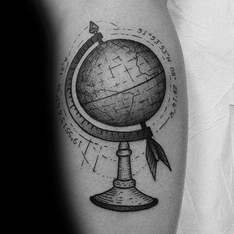Illustrative style colored leg tattoo of globe with numbers