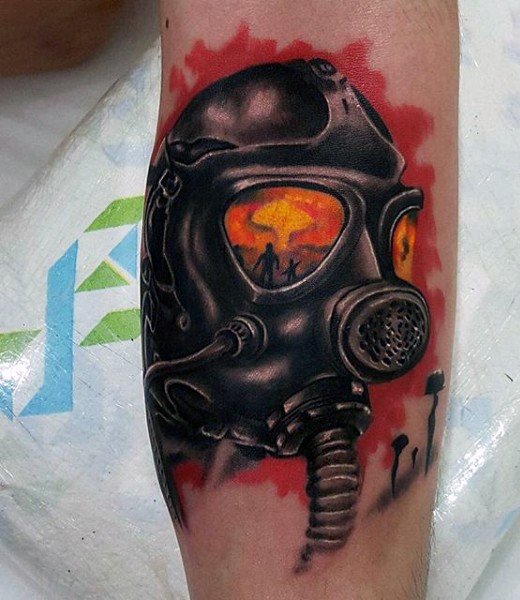 Illustrative style colored man in gas mask tattoo on leg