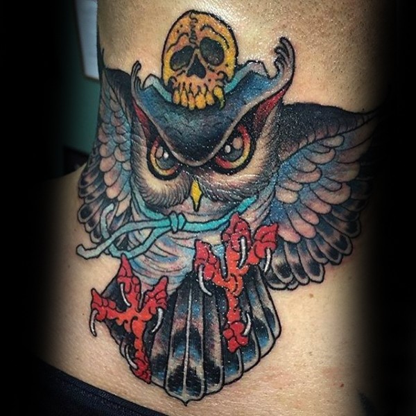Illustrative style colored neck tattoo of owl with human skull
