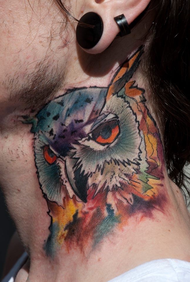 Illustrative style colored neck tattoo of owl