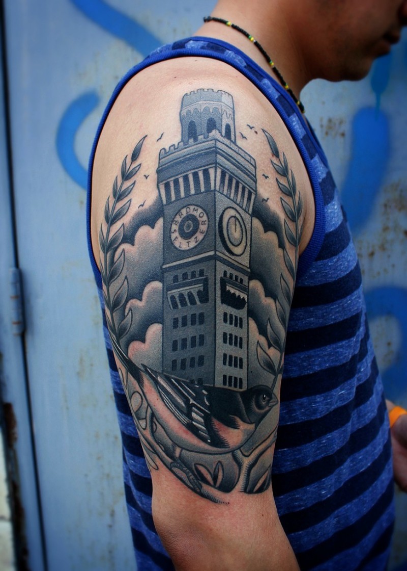 Illustrative style colored old tower with clock and bird tattoo on shoulder