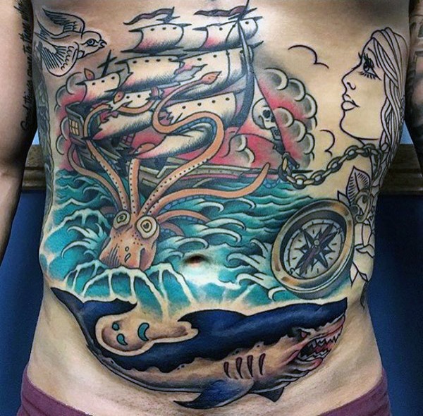 Illustrative style colored pirate sailing ship tattoo on belly stylized with shark, compass and octopus