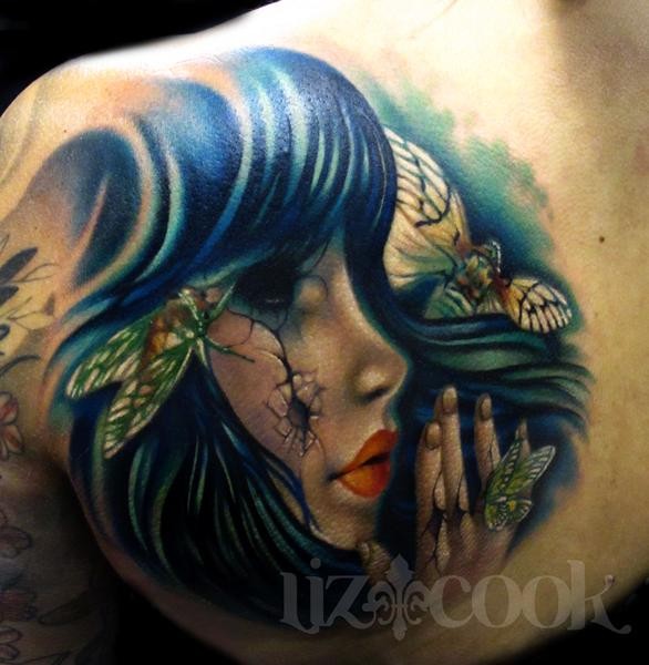 Illustrative style colored scapular tattoo of woman with butterflies