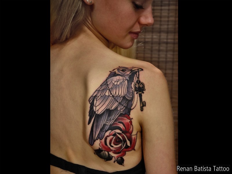 Illustrative style colored scapular tattoo of crow with key and rose