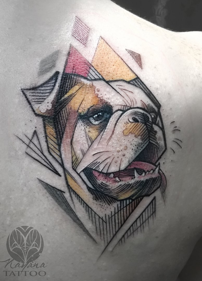 Illustrative style colored scapular tattoo of beautiful dog