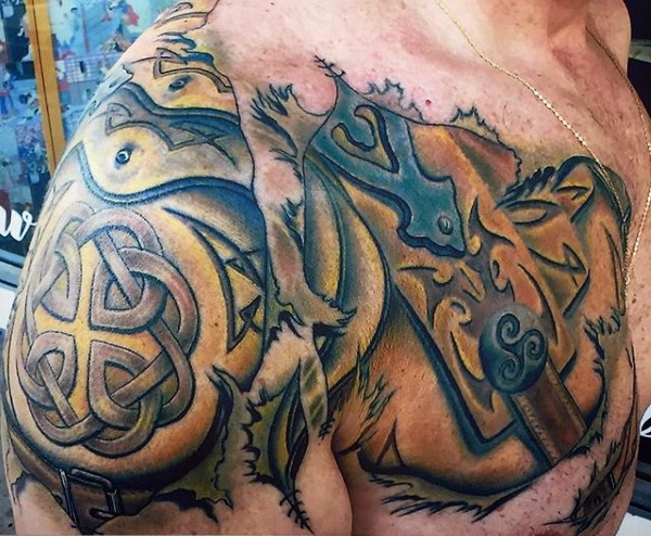 Illustrative style colored shoulder and chest tattoo of Celtic like armor