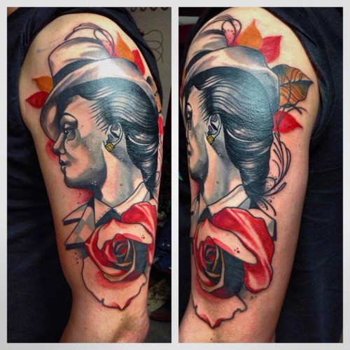 Illustrative style colored shoulder tattoo fo woman with hat and roses