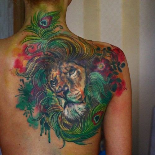 Illustrative style colored shoulder tattoo of lion and flowers