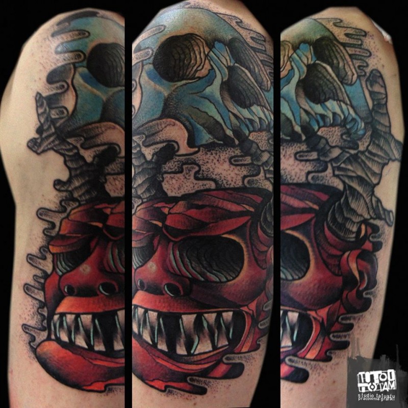Illustrative style colored shoulder tattoo of various skulls