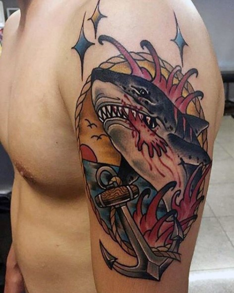 Illustrative style colored shoulder tattoo of shark with anchor and rope
