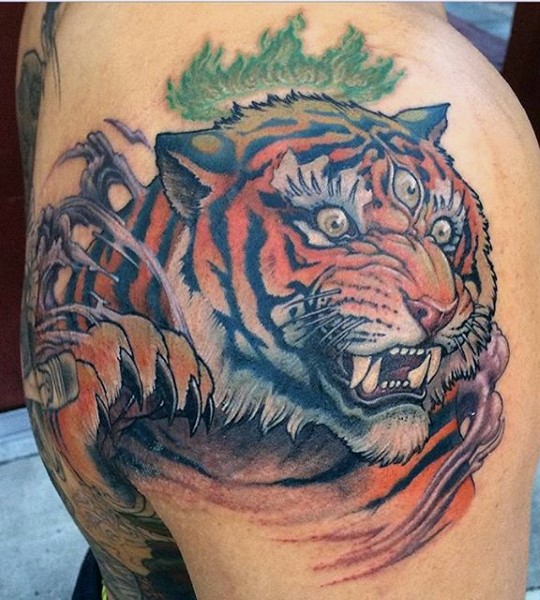 Illustrative style colored shoulder tattoo of demonic tiger
