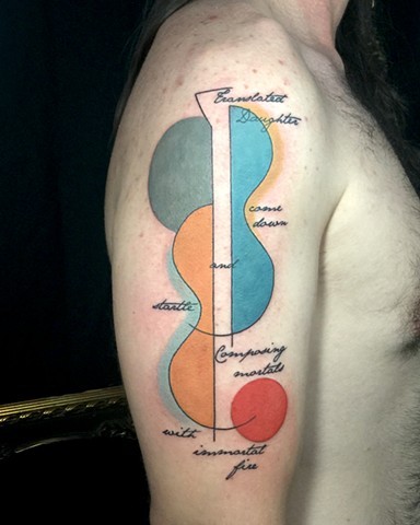 Illustrative style colored shoulder tattoo of various figures and lettering