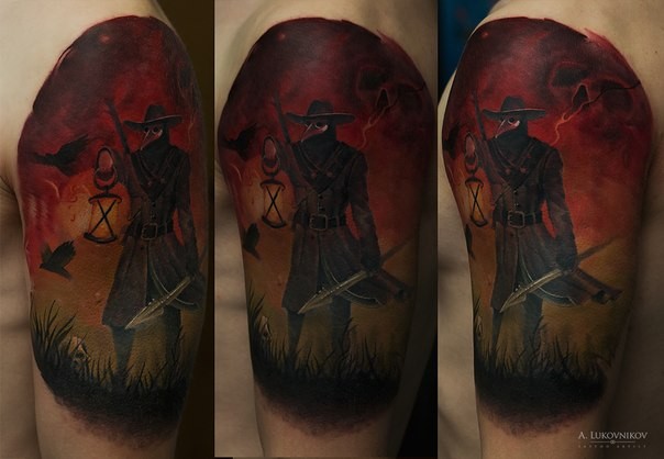 Illustrative style colored shoulder tattoo of creepy man with spear