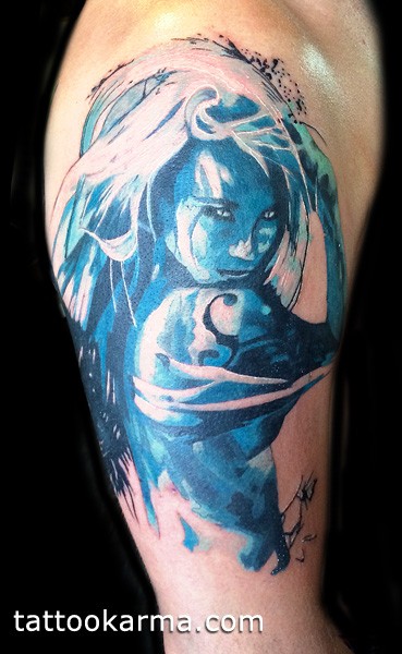 Illustrative style colored shoulder tattoo of mystic woman