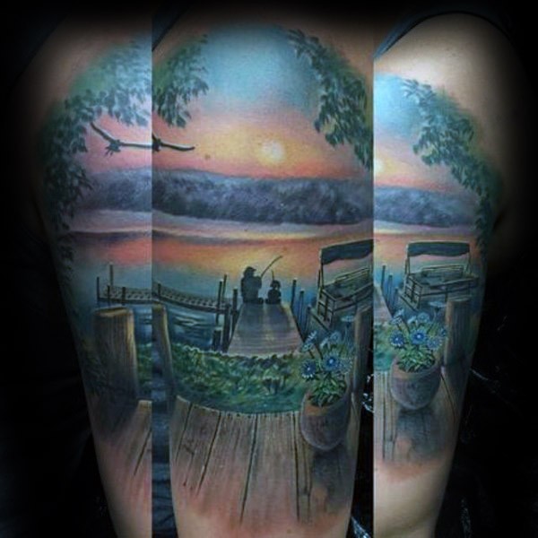 Illustrative style colored shoulder tattoo of fisherman with flowers