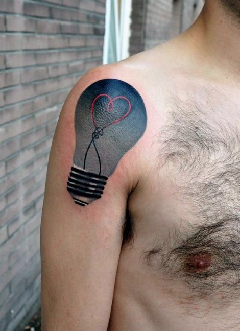 Illustrative style colored shoulder tattoo of bulb stylized with heart shaped thread