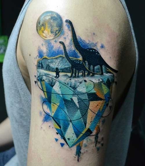 Illustrative style colored shoulder tattoo of dinosaurs and big moon
