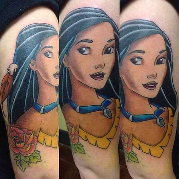 Illustrative style colored shoulder tattoo of Indian woman