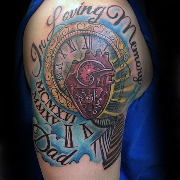 Illustrative style colored shoulder tattoo of clock like human heart with lettering