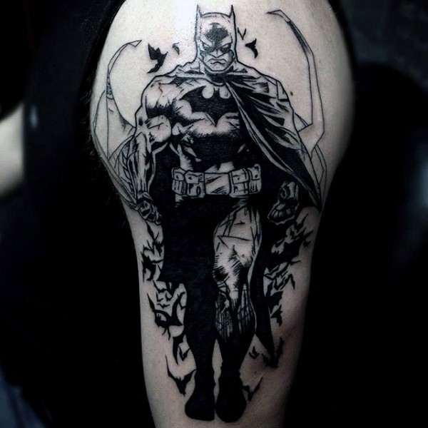 Illustrative style colored shoulder tattoo of Batman with bats