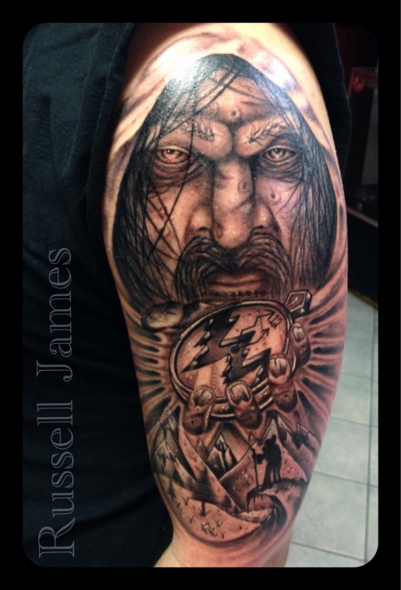 Illustrative style colored shoulder tattoo of mystical man with broken clock