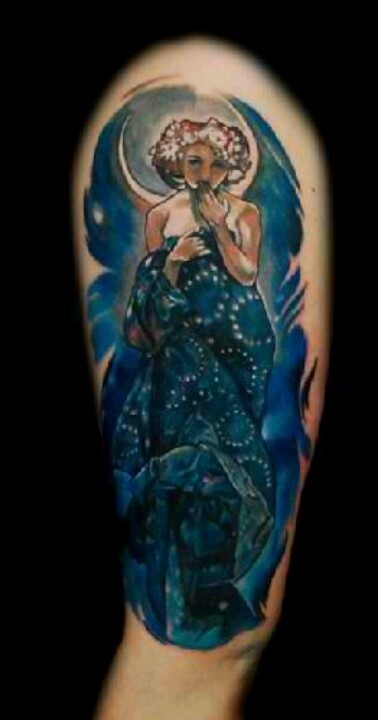 Illustrative style colored shoulder tattoo of beautiful woman in night dress