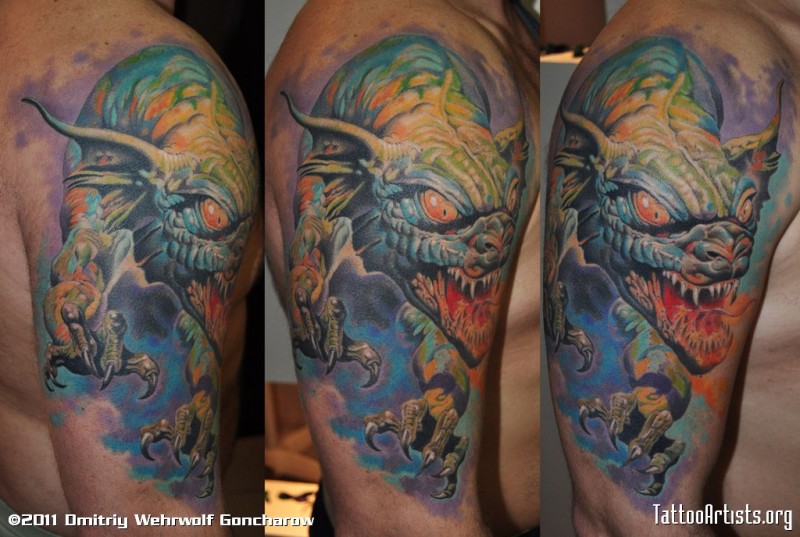 Illustrative style colored shoulder tattoo of fantasy monster dragon
