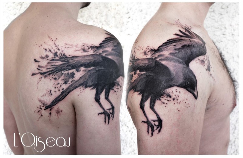 Illustrative style colored shoulder tattoo of flying crow