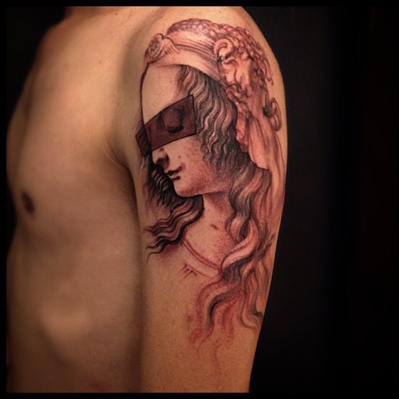 Illustrative style colored shoulder tattoo of medieval woman