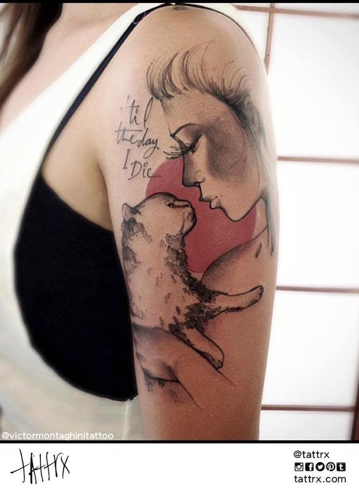 Illustrative style colored shoulder tattoo of woman with cat and lettering