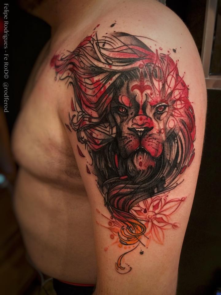 Illustrative style colored shoulder tattoo of lion with various ornaments