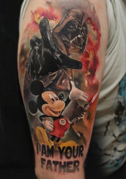 Illustrative style colored shoulder tattoo of Darth Vader with lettering and Mickey Mouse