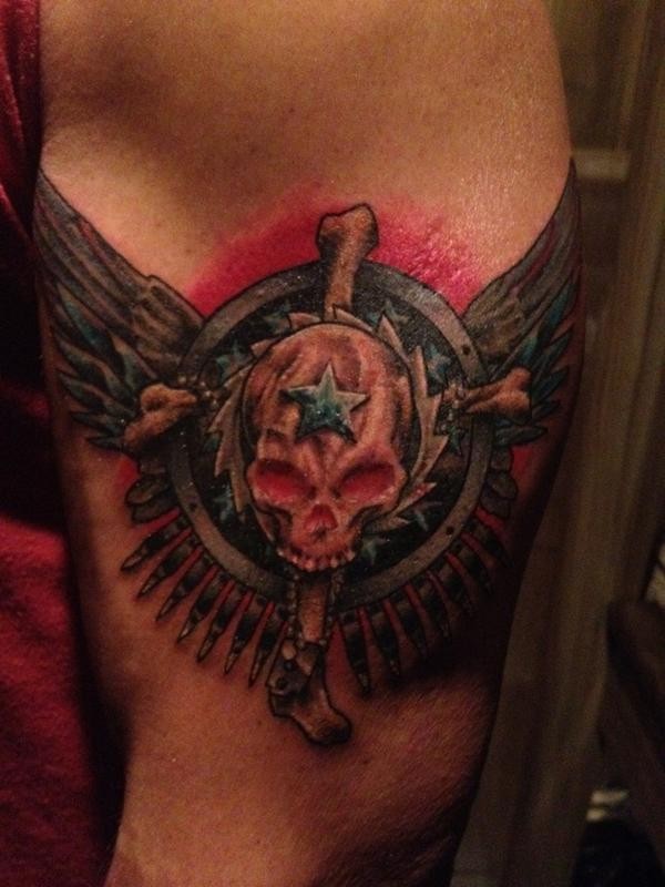 Illustrative style colored shoulder tattoo of cool looking emblem