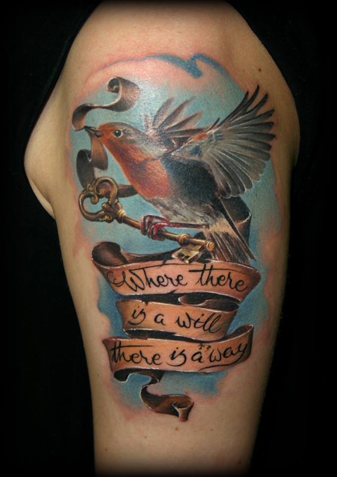 Illustrative style colored shoulder tattoo of beautiful bird with lettering