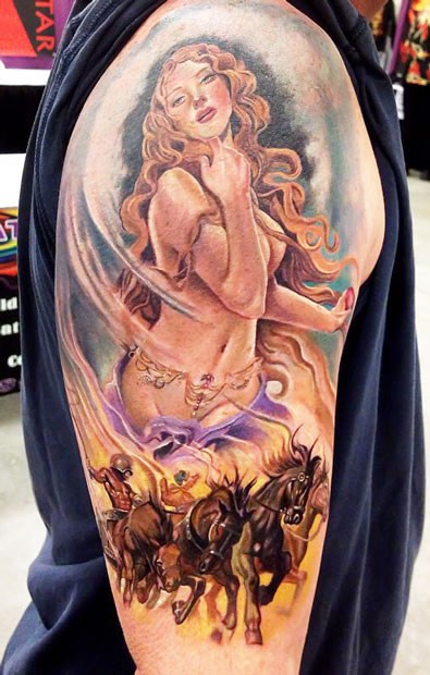 Illustrative style colored shoulder tattoo of seductive woman with horses