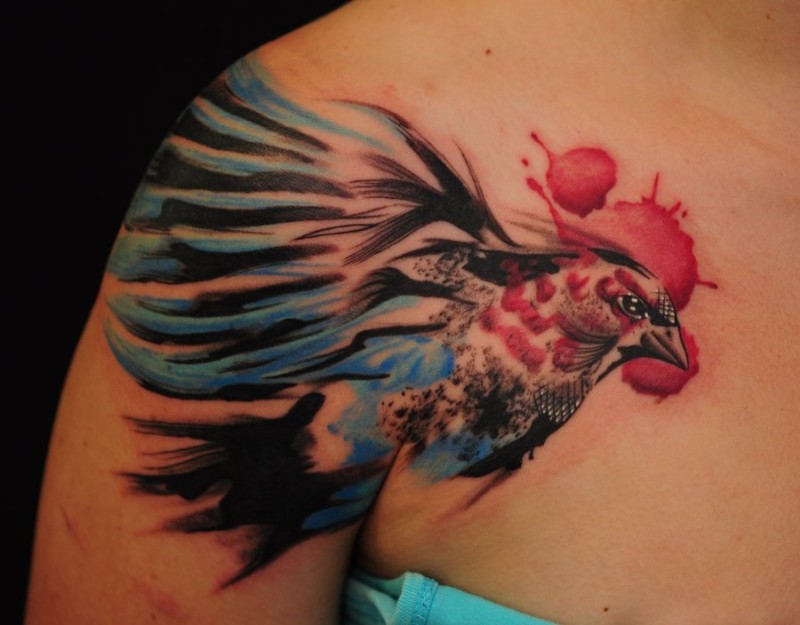 Illustrative style colored shoulder tattoo of small beautiful bird