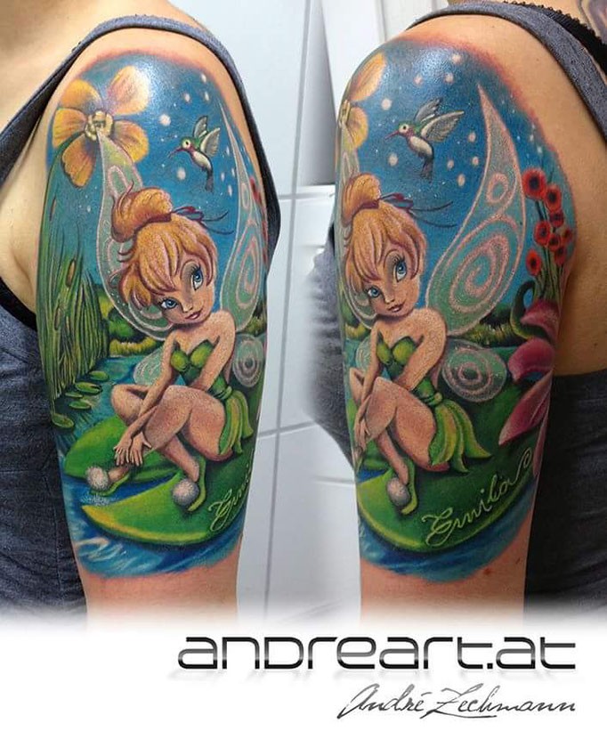 Illustrative style colored shoulder tattoo of beautiful Tinkerbell