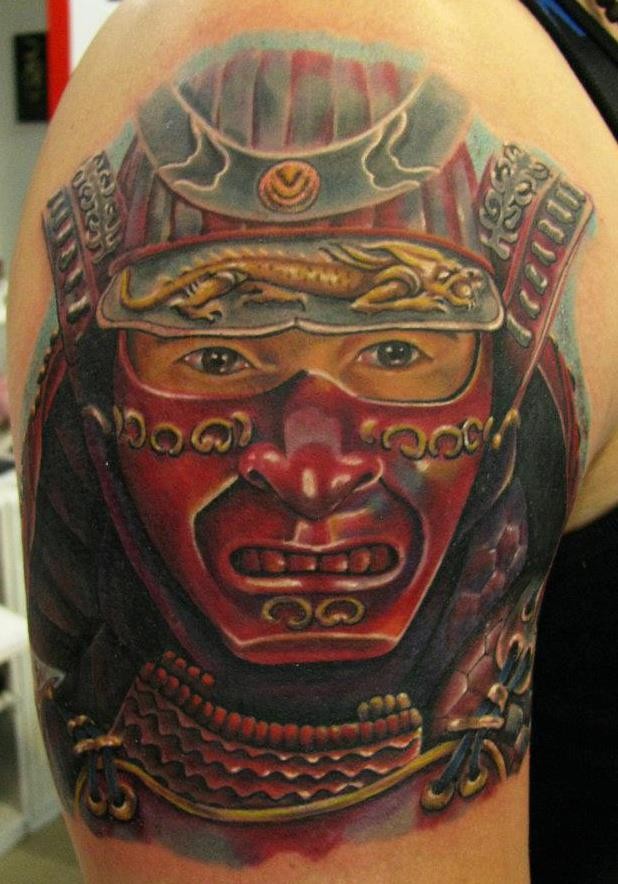 Illustrative style colored shoulder tattoo of samurai warrior