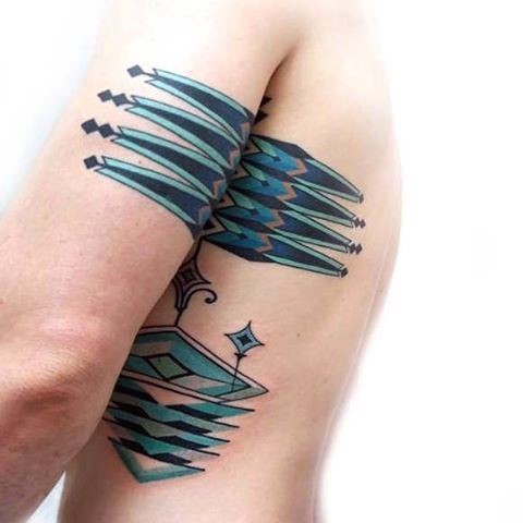 Illustrative style colored side and shoulder tattoo of interesting ornaments