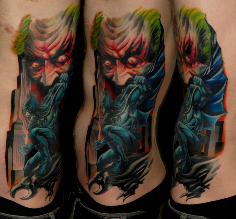 Illustrative style colored side tattoo od Batman with Joker and city
