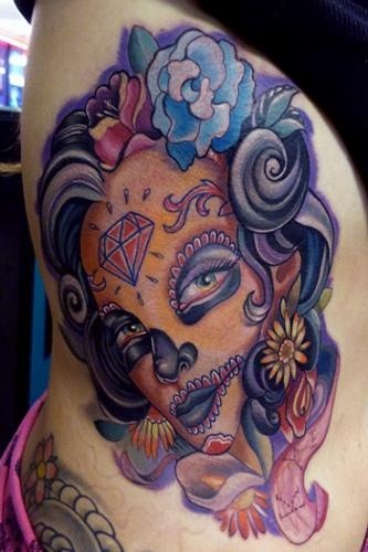 Illustrative style colored side tattoo of Mexican traditional woman portrait