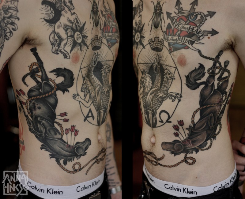 Illustrative style colored side tattoo of dead horses with arrows
