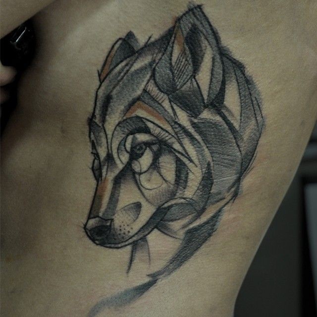 Illustrative style colored side tattoo of wolf head