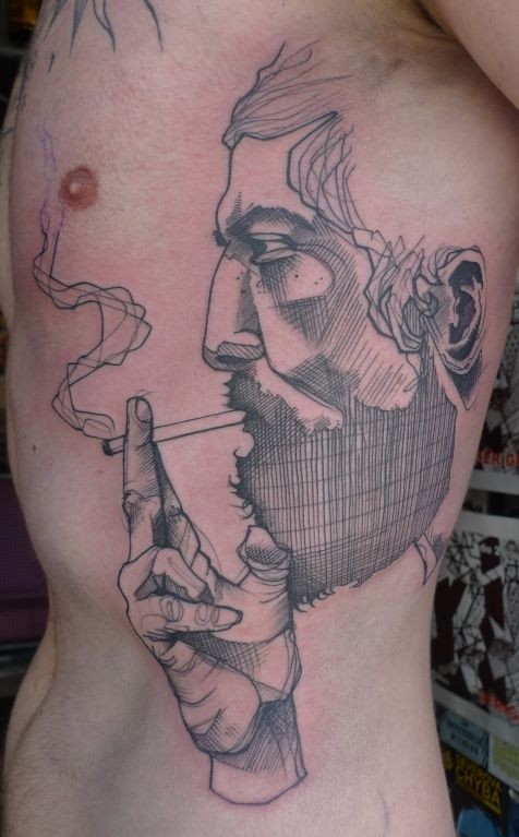 Illustrative style colored side tattoo of smoking man with beard