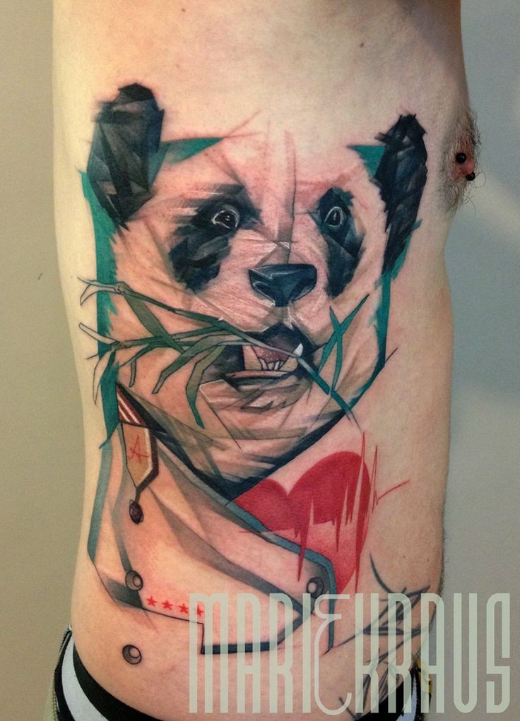 Illustrative style colored side tattoo of panda bear with bamboo