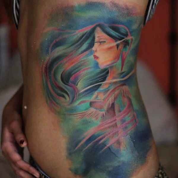 Illustrative style colored side tattoo of Indian woman