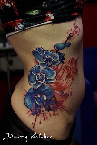 Illustrative style colored side tattoo of beautiful flowers