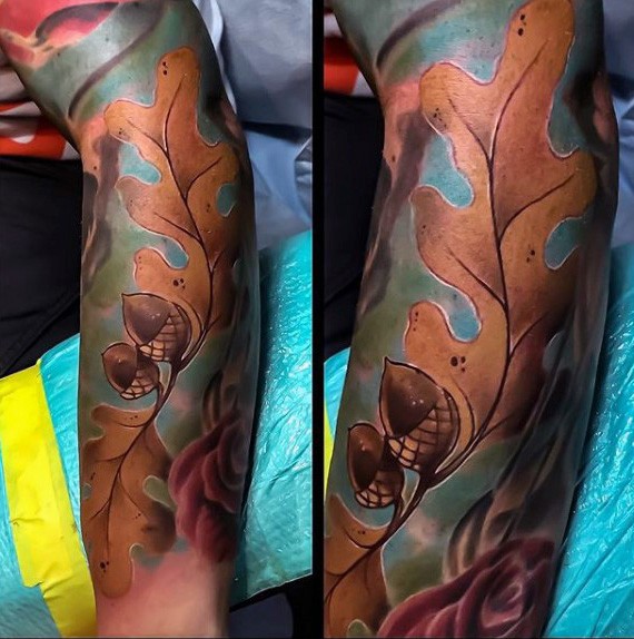 Illustrative style colored sleeve tattoo